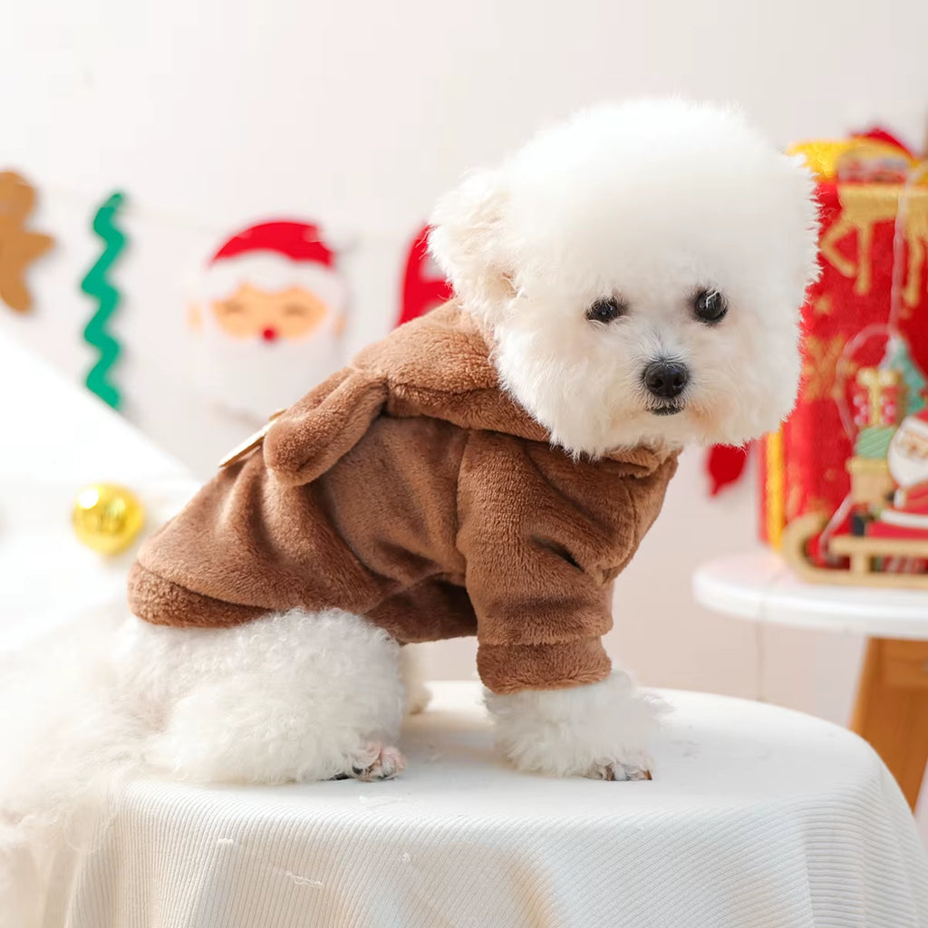Autumn and Winter Fleece Warm Brown Reindeer Hooded Sweatshirt Antlers Christmas Transformation Outfit Pet Dog Cat Clothes