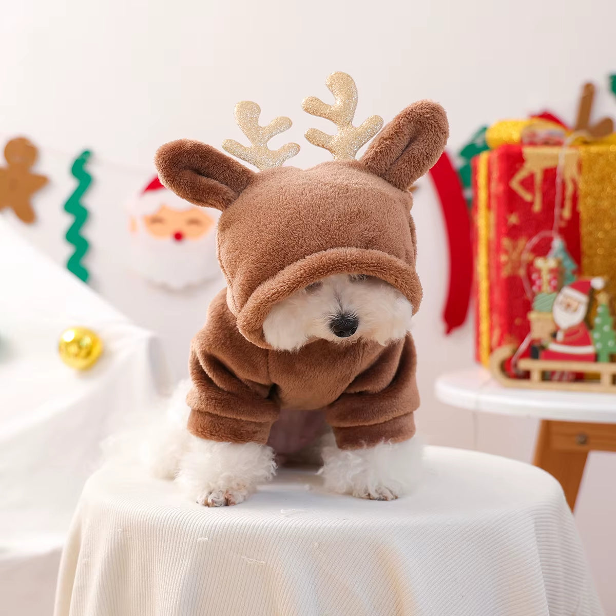 Autumn and Winter Fleece Warm Brown Reindeer Hooded Sweatshirt Antlers Christmas Transformation Outfit Pet Dog Cat Clothes