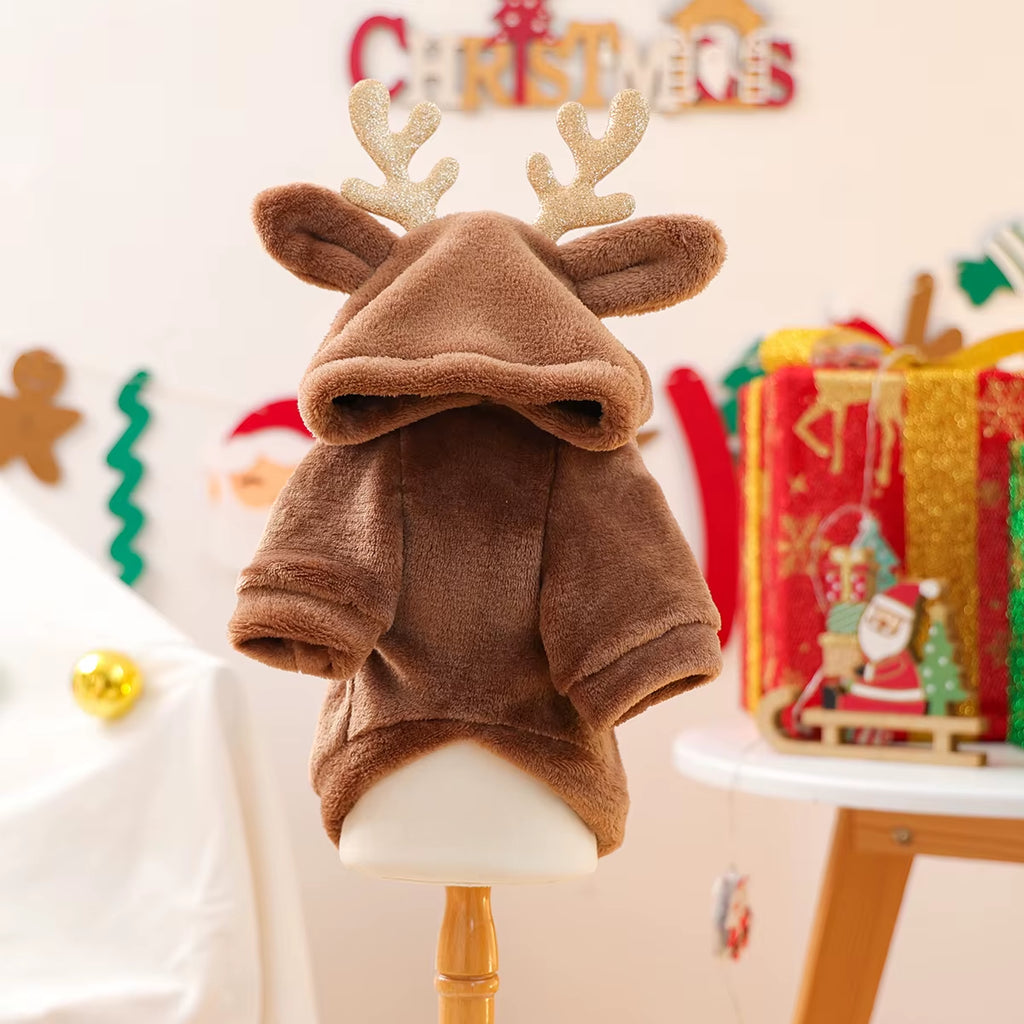 Autumn and Winter Fleece Warm Brown Reindeer Hooded Sweatshirt Antlers Christmas Transformation Outfit Pet Dog Cat Clothes