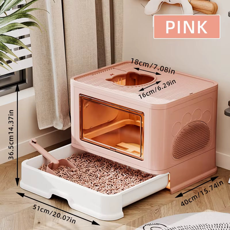 Large Fully Cat Litter Box Enclosed Drawer Style Splash Proof Easy Clean Cat Toilet Odor Control Cat Kibble Dispenser Shovel