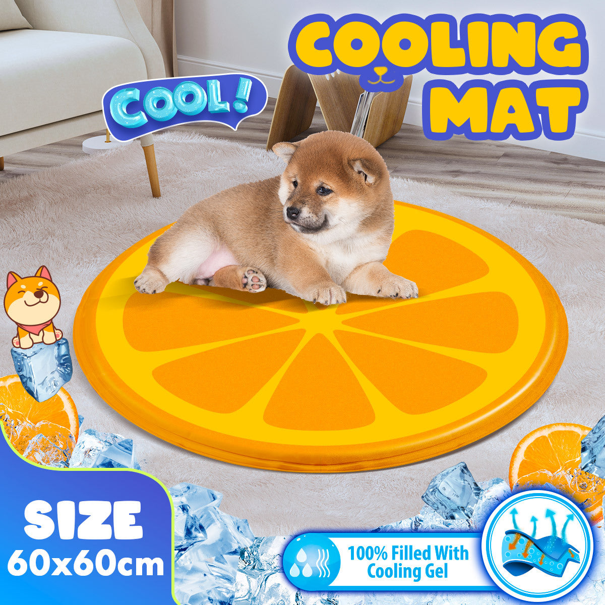 Orange Pet Cooling Mat Dog Pad Cool Gel Pattern Cat Bed Orange 60X60CM