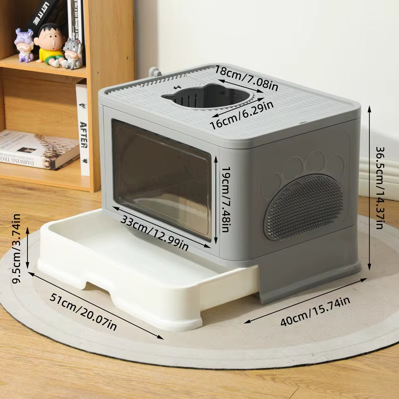 Large Fully Cat Litter Box Enclosed Drawer Style Splash Proof Easy Clean Cat Toilet Odor Control Cat Kibble Dispenser Shovel