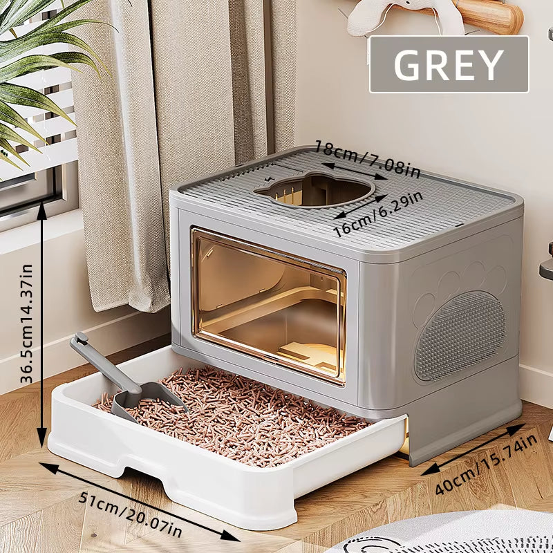 Large Fully Cat Litter Box Enclosed Drawer Style Splash Proof Easy Clean Cat Toilet Odor Control Cat Kibble Dispenser Shovel