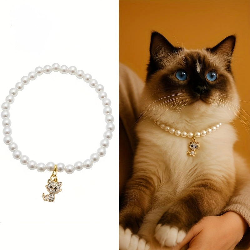 Adjustable Imitation Pearl Necklace with Cute Cat Charm