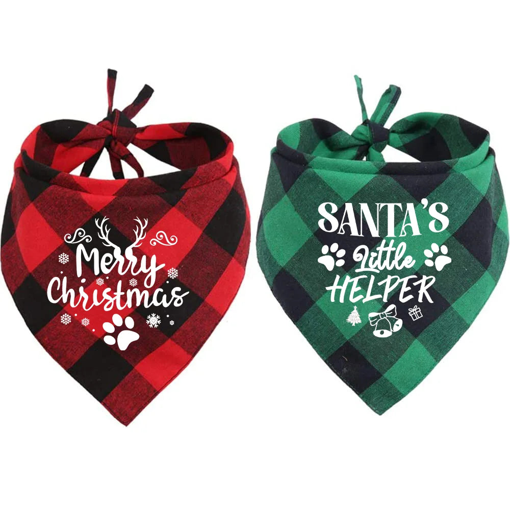 2PCS Merry Christmas Dog Bandanas Classic Plaid