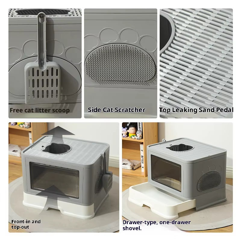 Large Fully Cat Litter Box Enclosed Drawer Style Splash Proof Easy Clean Cat Toilet Odor Control Cat Kibble Dispenser Shovel