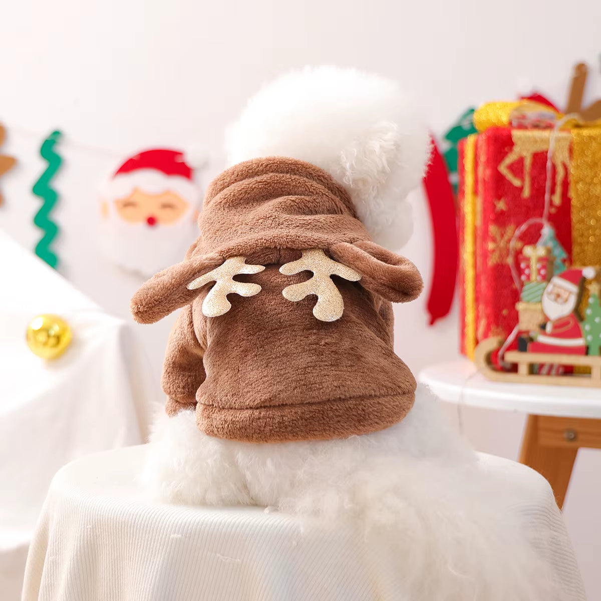 Autumn and Winter Fleece Warm Brown Reindeer Hooded Sweatshirt Antlers Christmas Transformation Outfit Pet Dog Cat Clothes