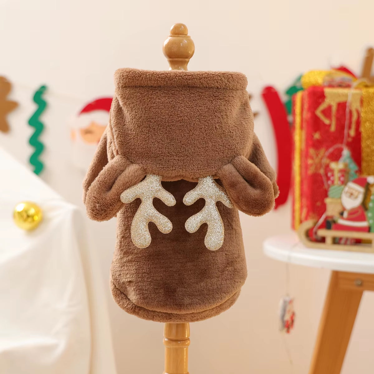 Autumn and Winter Fleece Warm Brown Reindeer Hooded Sweatshirt Antlers Christmas Transformation Outfit Pet Dog Cat Clothes