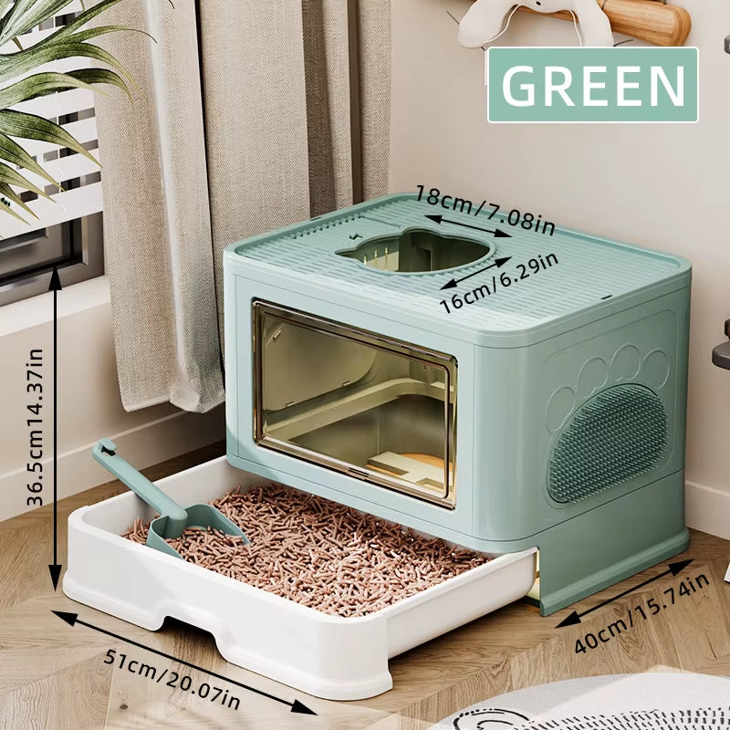 Large Fully Cat Litter Box Enclosed Drawer Style Splash Proof Easy Clean Cat Toilet Odor Control Cat Kibble Dispenser Shovel